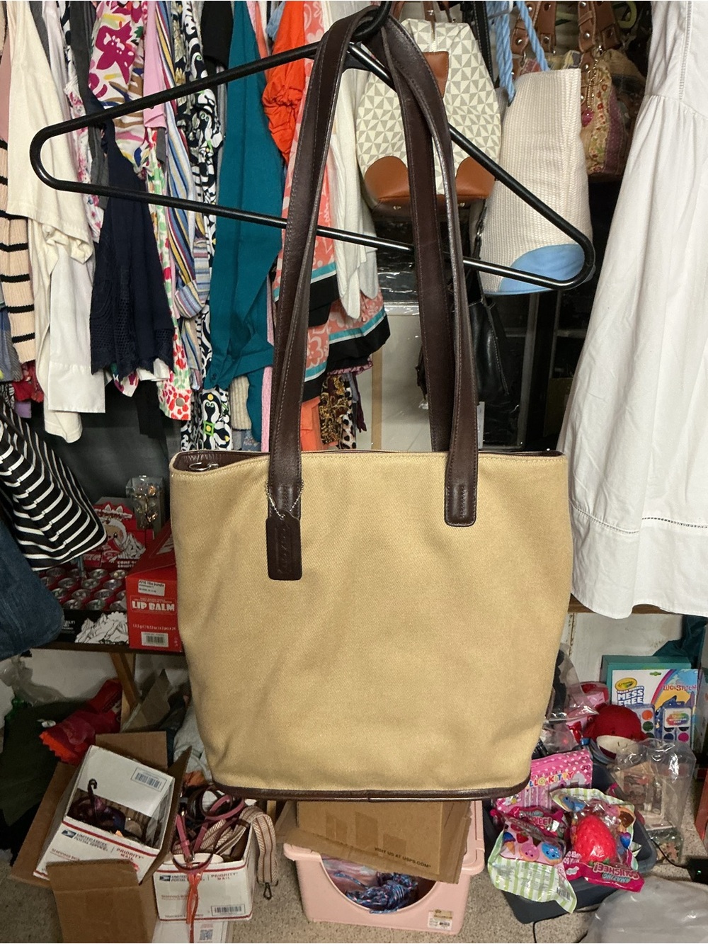 Coach Beige Canvas Tote with Brown Leather Straps
